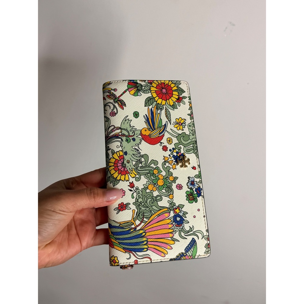 Tory Burch Robinson Floral Bird Print Saffiano Leather Continental Wallet Red
